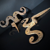 Pair of Antique Wrought Iron “Mustache” Hinges – Hand-Forged Gothic Design, 18th–19th Century French Ironwork