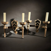 Pair Gothic Wrought Iron Wall Sconce – Medieval Shield 2-Light with Chevron Motif, 33x33cm