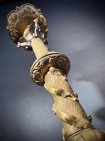 Antique Gothic Baroque Brass Table Lamp – Ornate Gilt Candlestick Lamp with Gargoyles, Dragons, Faux Wax Candle Tube – 67cm – Bayonet Bulb