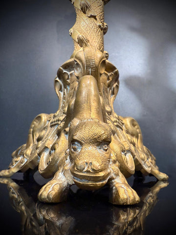 Antique Gothic Baroque Brass Table Lamp – Ornate Gilt Candlestick Lamp with Gargoyles, Dragons, Faux Wax Candle Tube – 67cm – Bayonet Bulb
