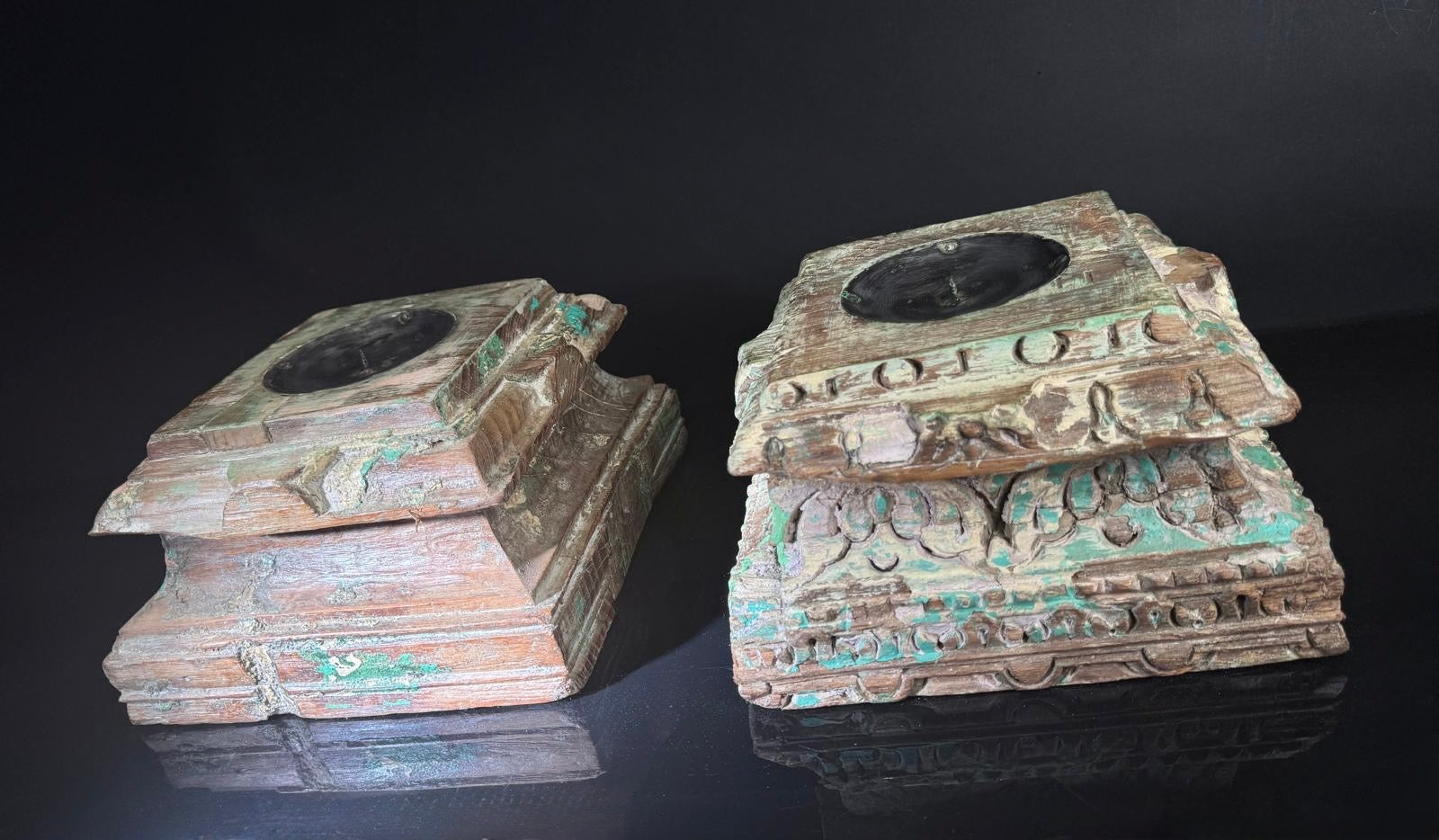 Antique Hand-Carved Indian Pillar Candle Holders | 19th Century Architectural Decor