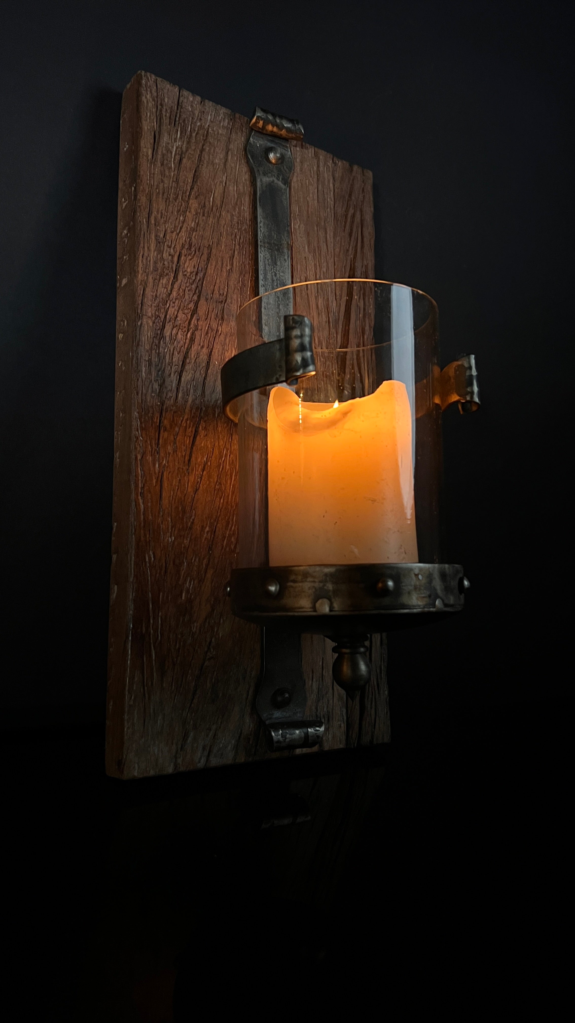 Rustic Wood, Metal, and Glass Candle Holder Wall Sconce