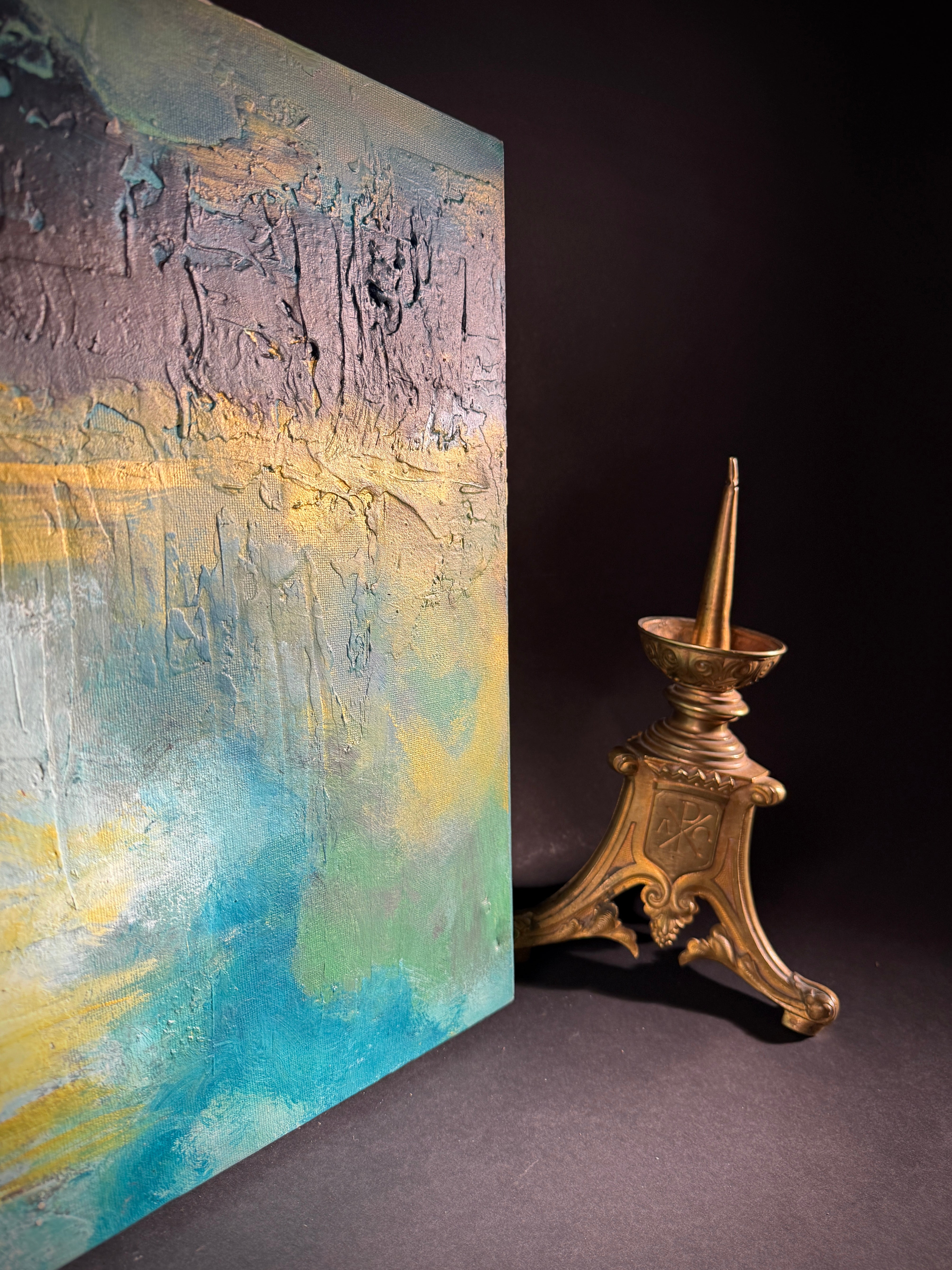 Set x2 Original Abstract Landscape Paintings – Moody Teal/Blue Textured Canvas Art, Stormy Horizons