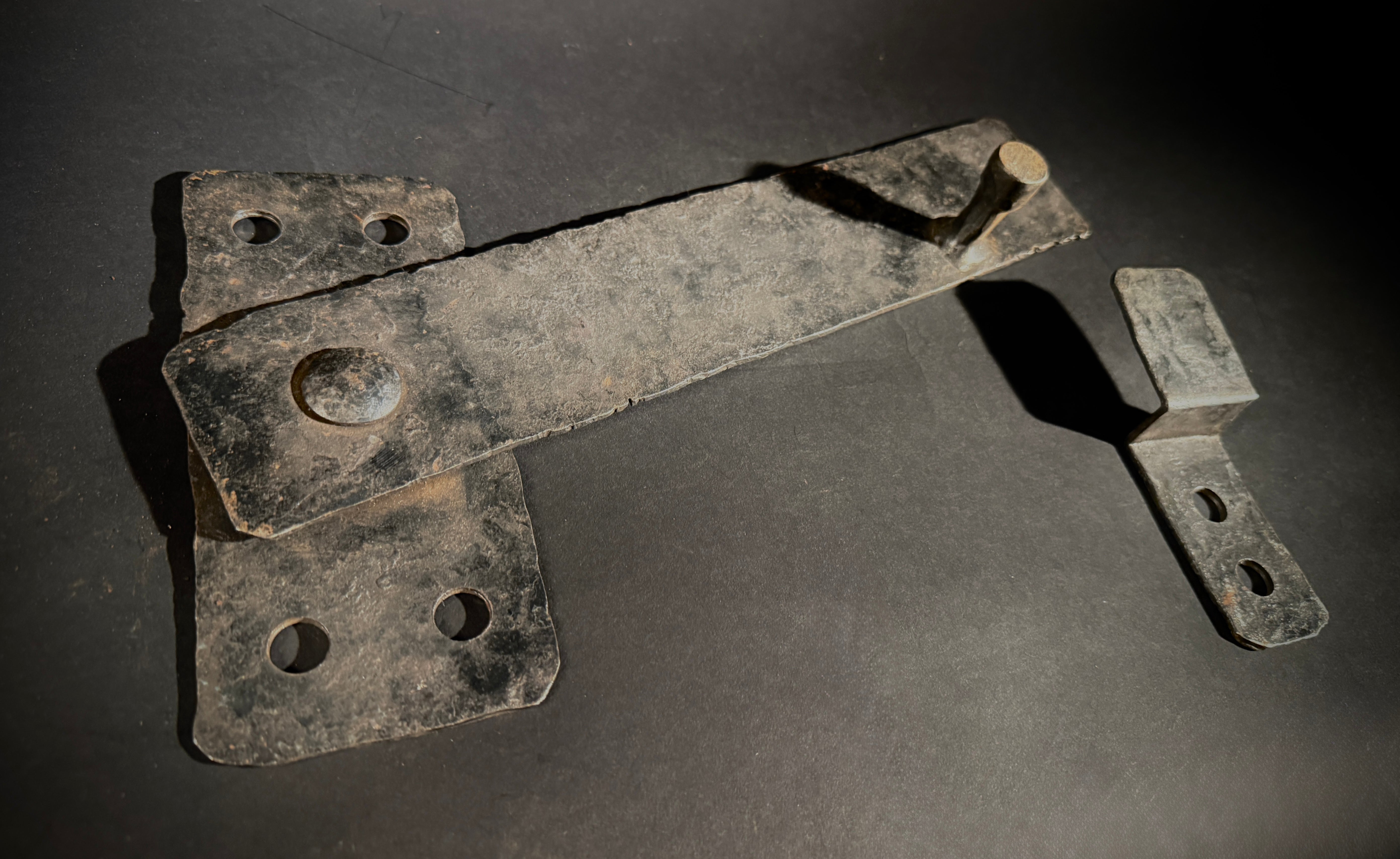 Hand-Forged Antique Wrought Iron Door Bolt & Catch Set – Medieval Lever Lock, Pre-Drilled Holes