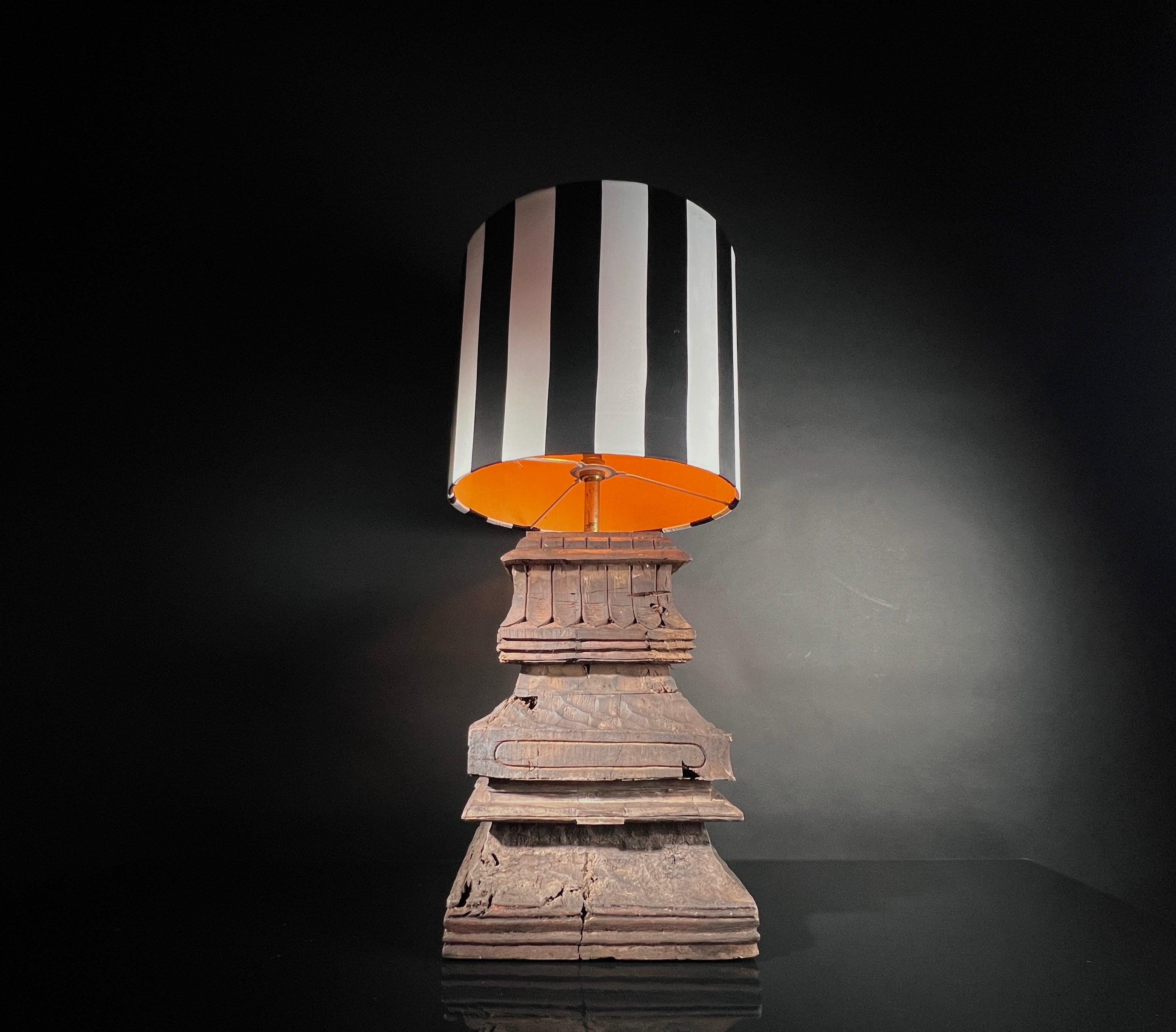 Large Antique Table Lamp - Carved Wood South Indian Temple Architecture