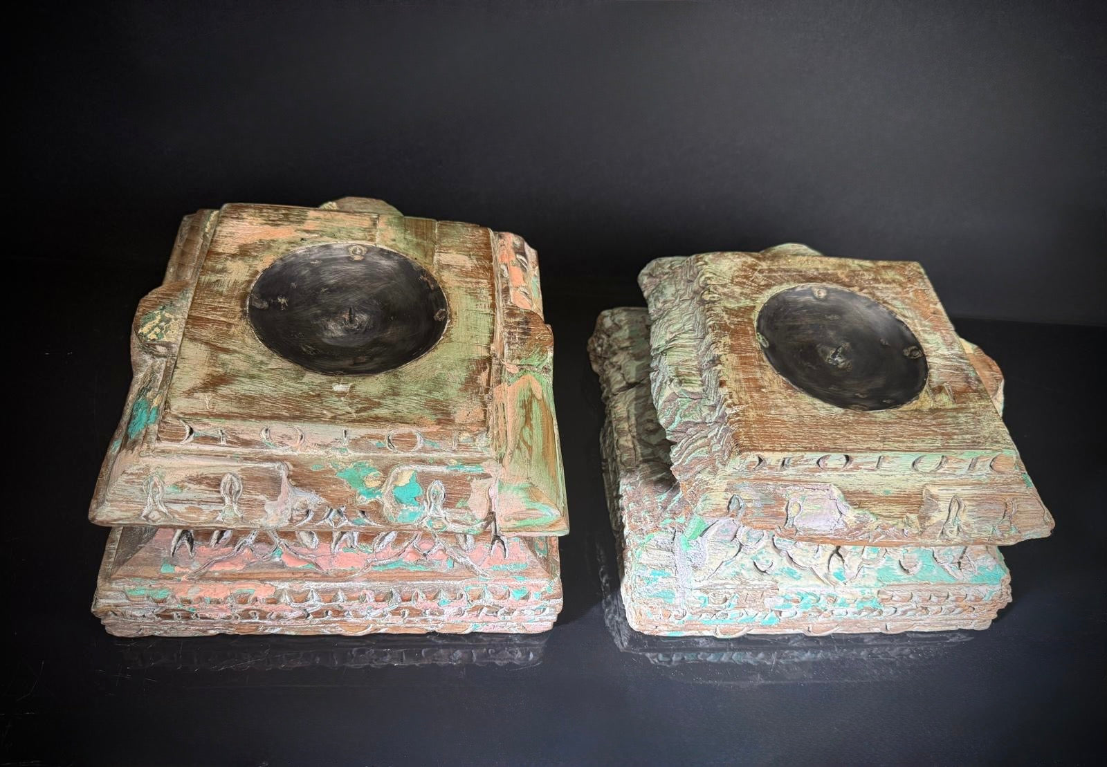 Antique Hand-Carved Indian Pillar Candle Holders | 19th Century Architectural Decor