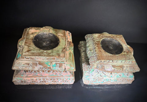 Antique Hand-Carved Indian Pillar Candle Holders | 19th Century Architectural Decor