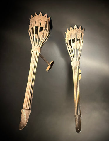 Pair Antique Medieval Wrought Iron Candle Torch Sconces – 55cm Gothic Castle Lanterns, Unwired