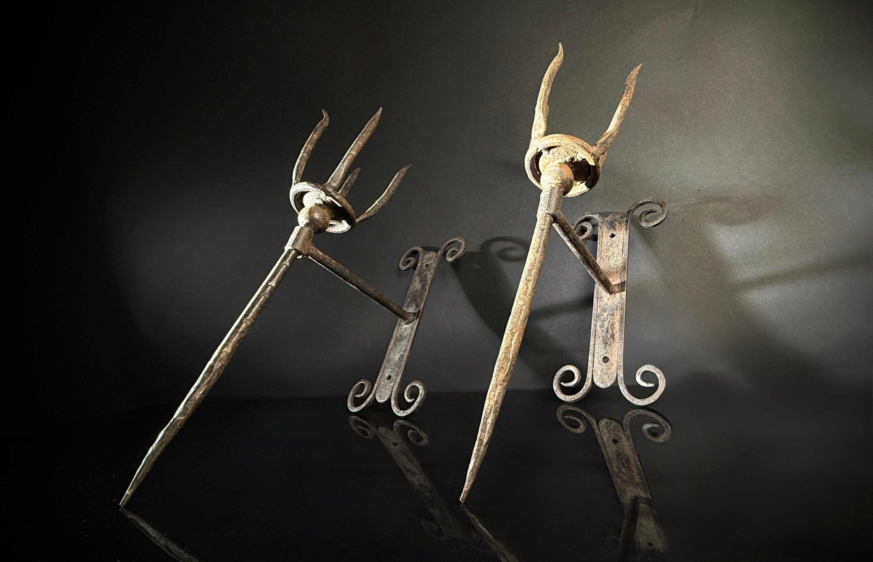 Unusual Pair of Wrought Iron Candle Torchere Sconces  |  Medieval Style  |  Hand-Forged
