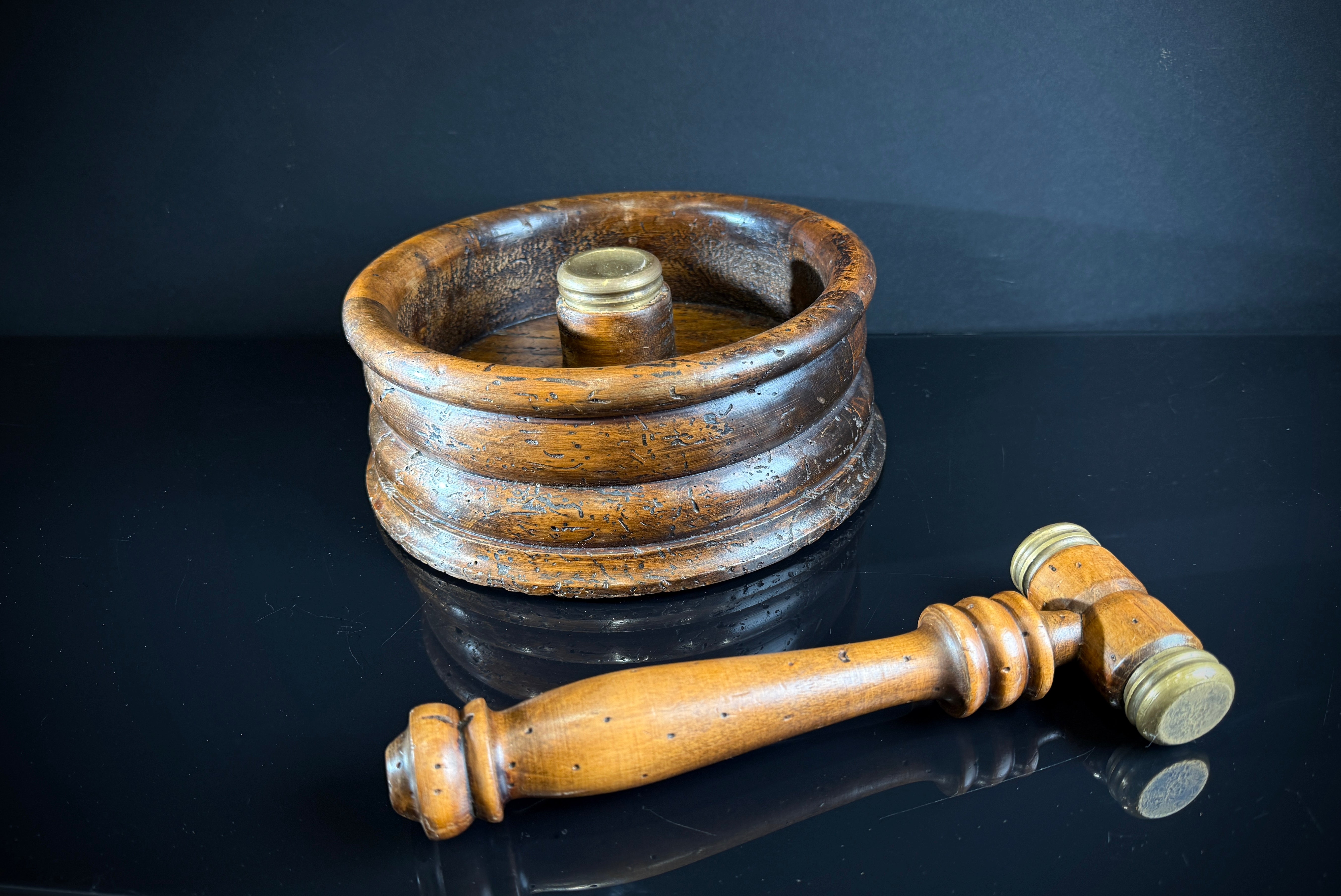 Antique Wooden Walnut Breaker with Ribbed Circular Holder & Brass-Mounted Gavel – Vintage  Nut Cracker - Gavel