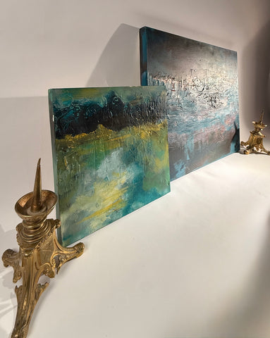 Set x2 Original Abstract Landscape Paintings – Moody Teal/Blue Textured Canvas Art, Stormy Horizons