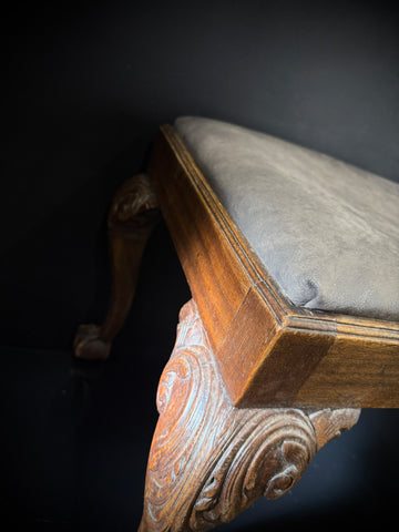 Elegant Antique Stool  |  Grey Leather Upholstery
