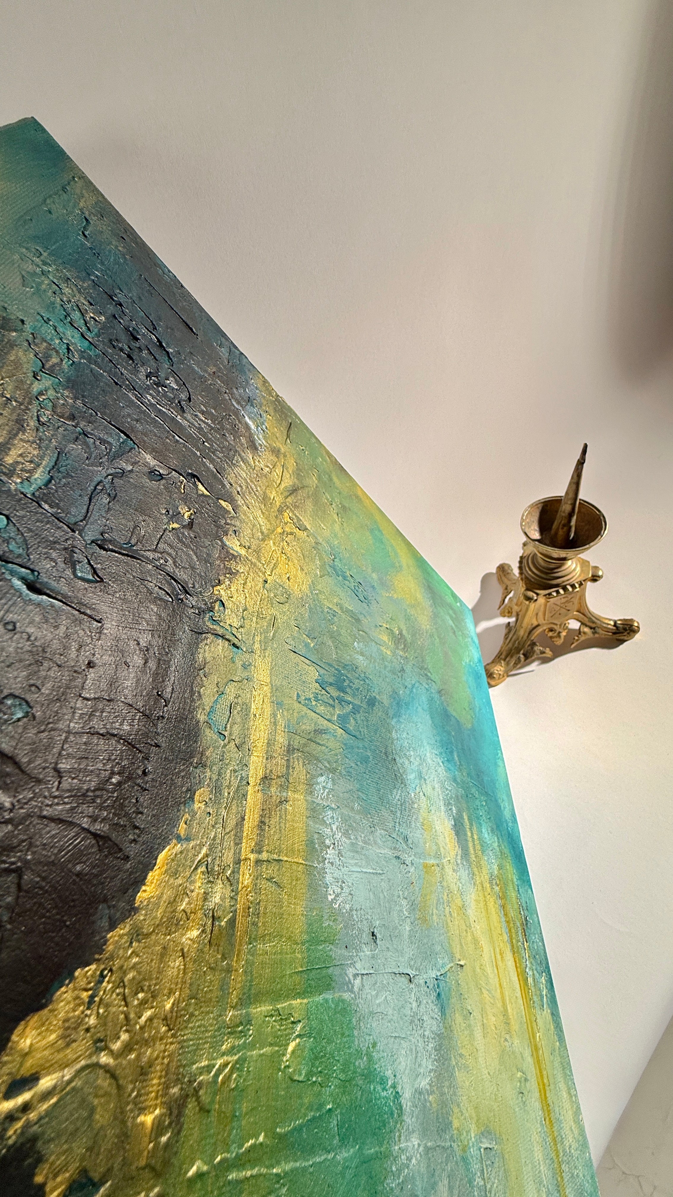 Set x2 Original Abstract Landscape Paintings – Moody Teal/Blue Textured Canvas Art, Stormy Horizons