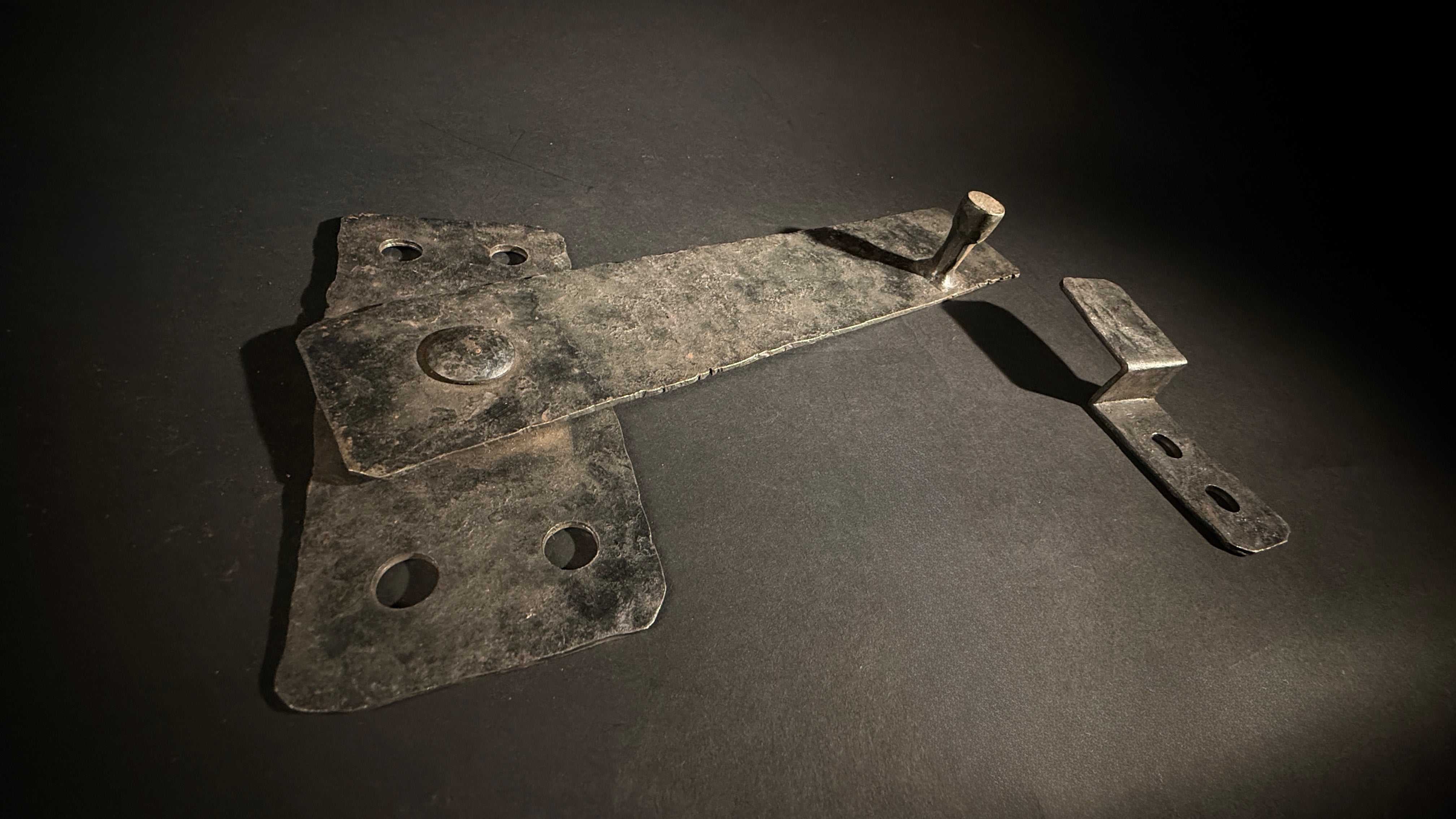 Hand-Forged Antique Wrought Iron Door Bolt & Catch Set – Medieval Lever Lock, Pre-Drilled Holes