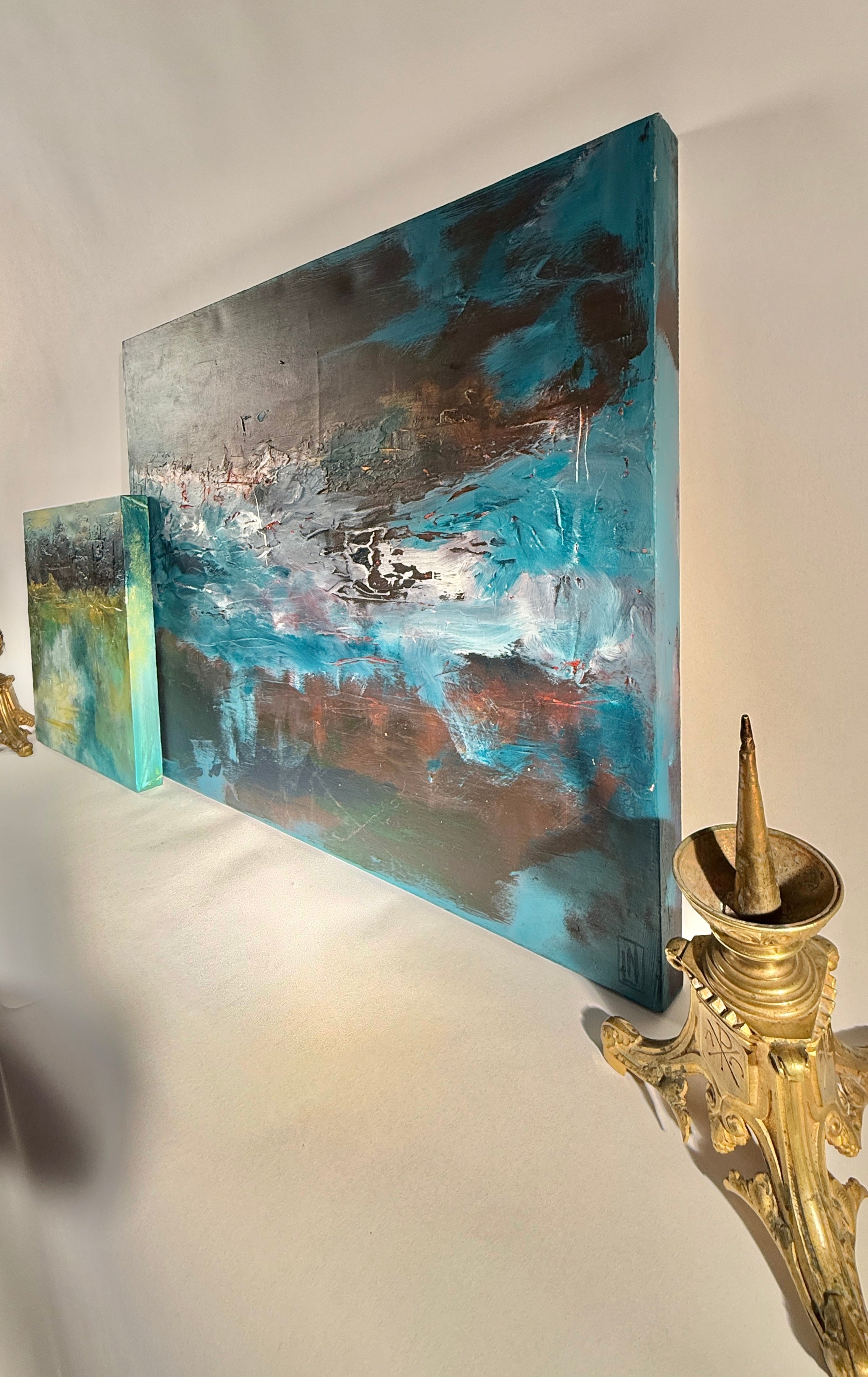 Set x2 Original Abstract Landscape Paintings – Moody Teal/Blue Textured Canvas Art, Stormy Horizons