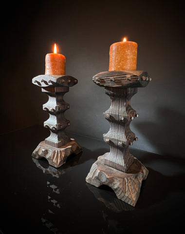 Pair Vintage Brutalist Candle Holders - Wood & Square Nail Candlesticks