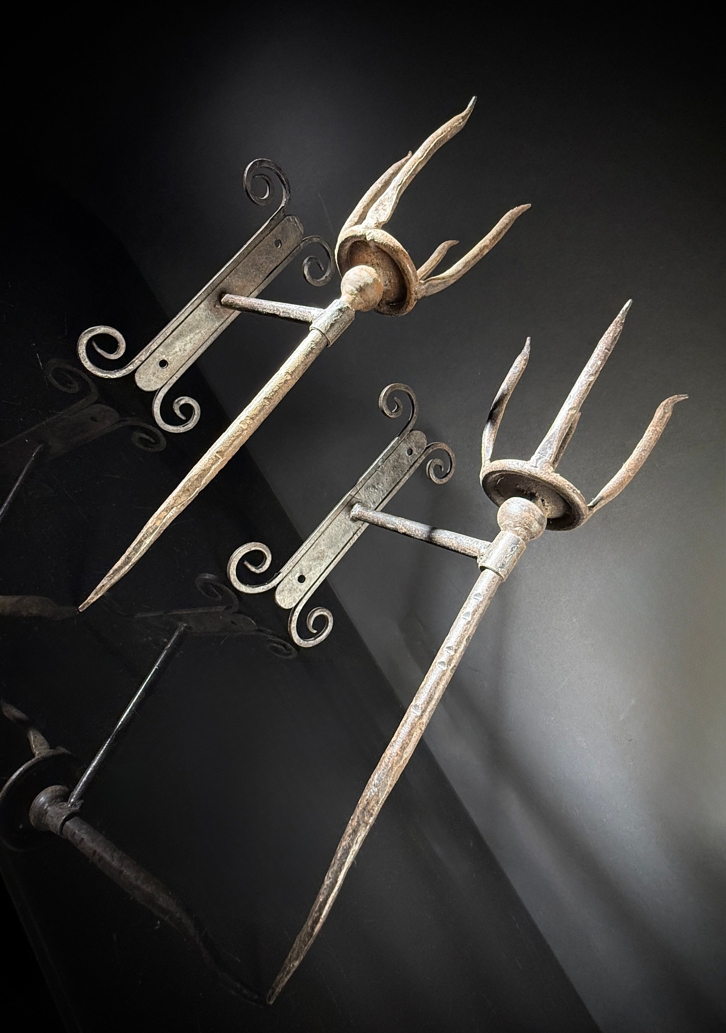 Unusual Pair of Wrought Iron Candle Torchere Sconces  |  Medieval Style  |  Hand-Forged