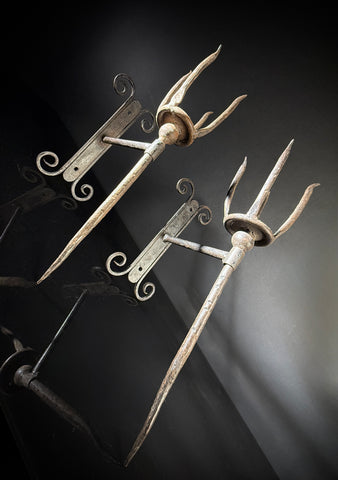 Unusual Pair of Wrought Iron Candle Torchere Sconces  |  Medieval Style  |  Hand-Forged