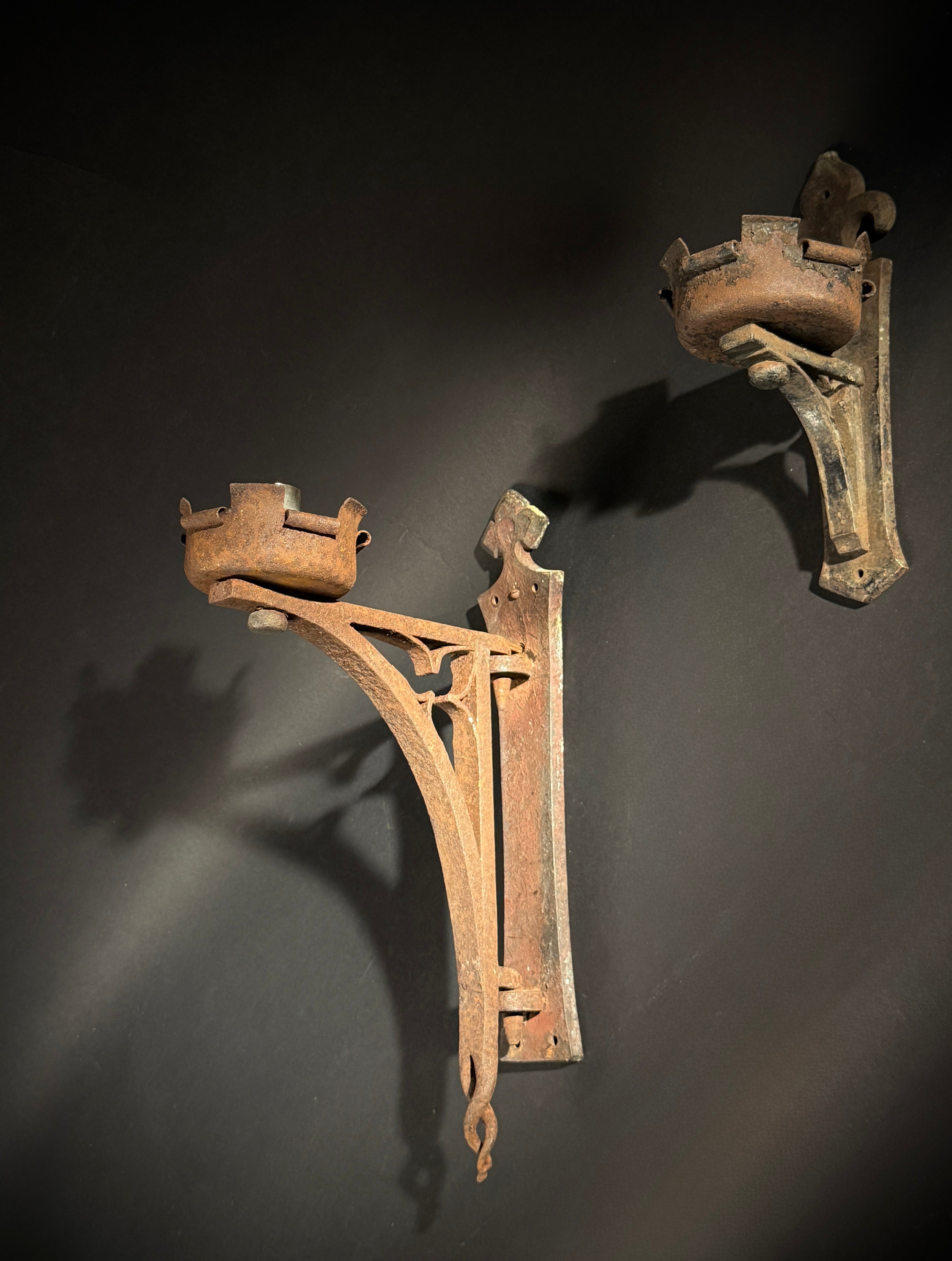 Two Antique Wrought Iron Gothic Wall Sconces – Medieval Wall Lights