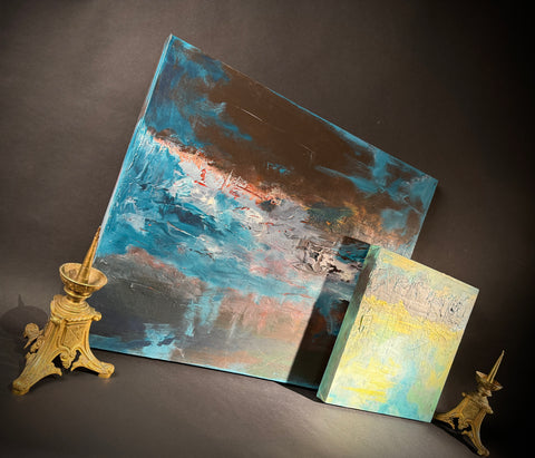 Set x2 Original Abstract Landscape Paintings – Moody Teal/Blue Textured Canvas Art, Stormy Horizons