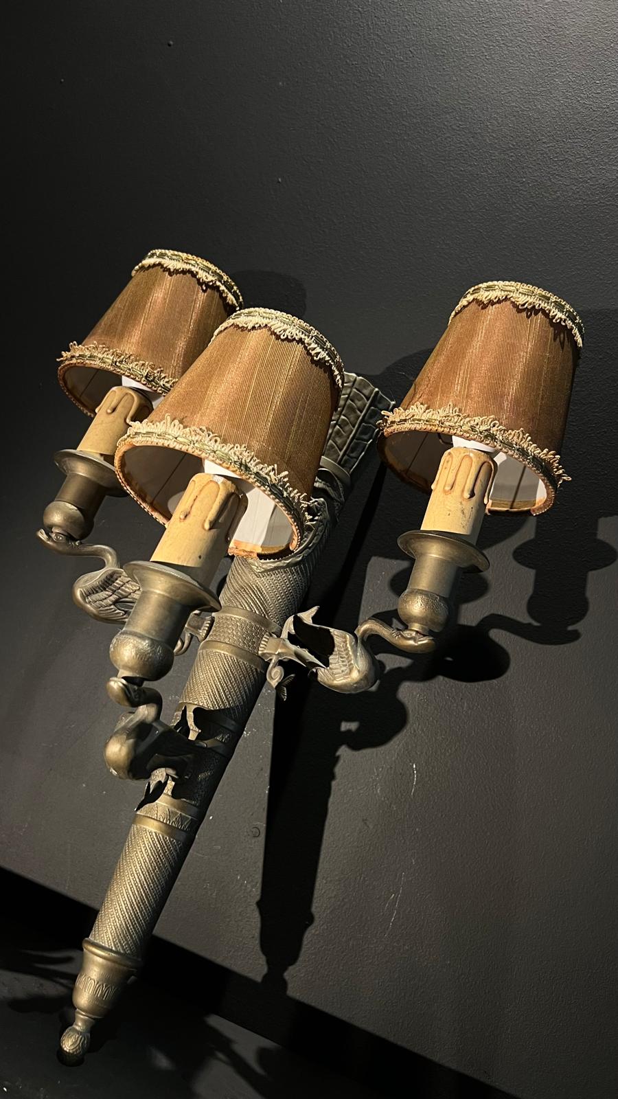 Antique Brass Wall Sconce | Triple Arm Wall Light | Worn Gilt Rococo Design