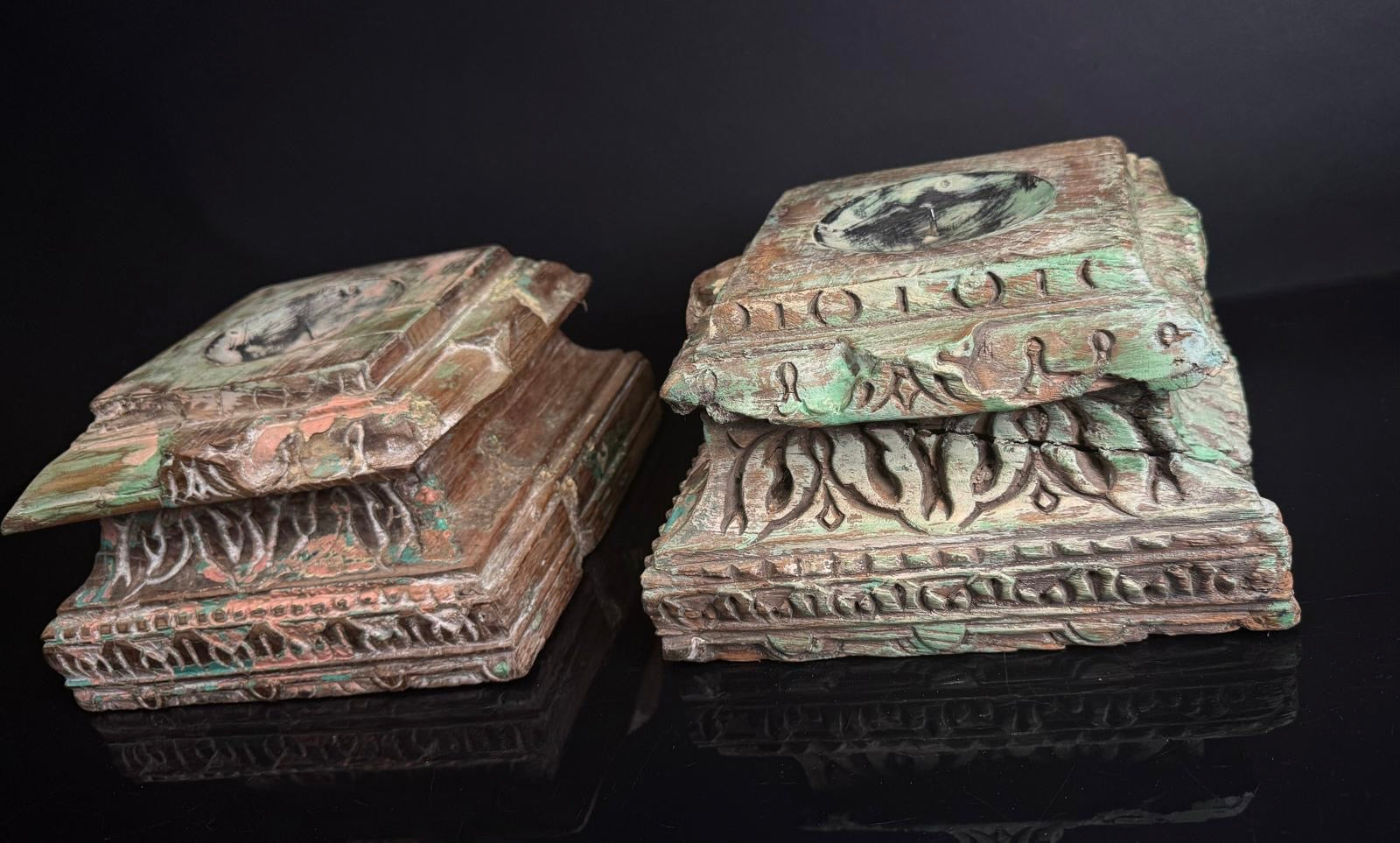 Antique Hand-Carved Indian Pillar Candle Holders | 19th Century Architectural Decor