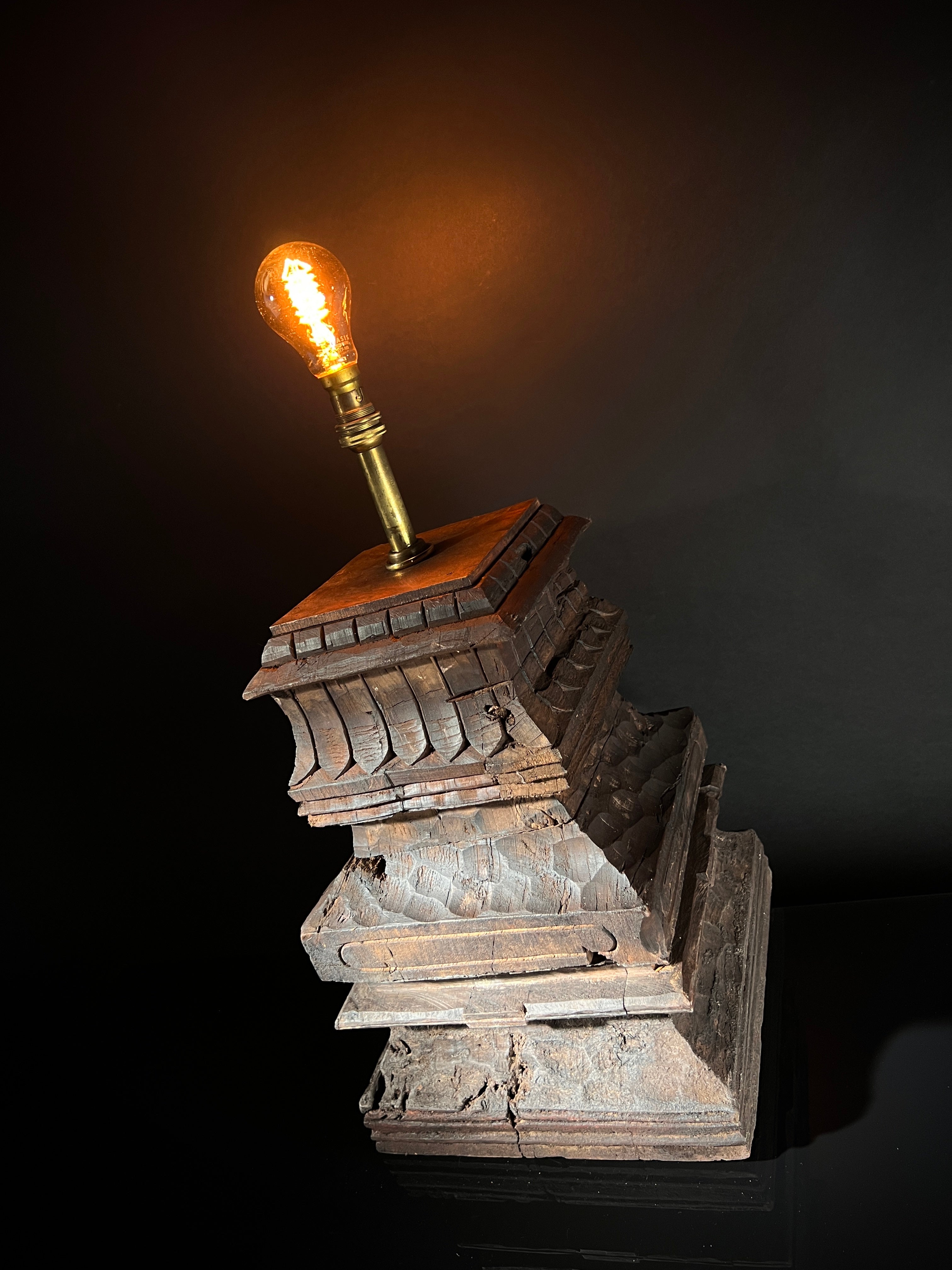 Large Antique Table Lamp - Carved Wood South Indian Temple Architecture