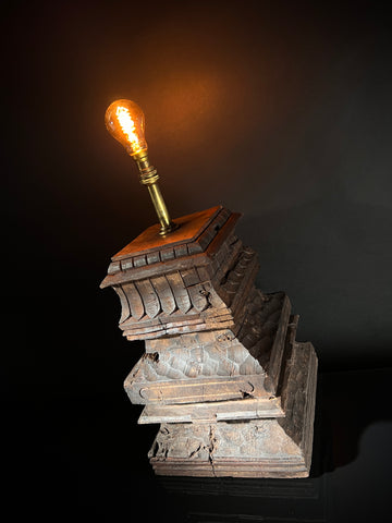 Large Antique Table Lamp - Carved Wood South Indian Temple Architecture