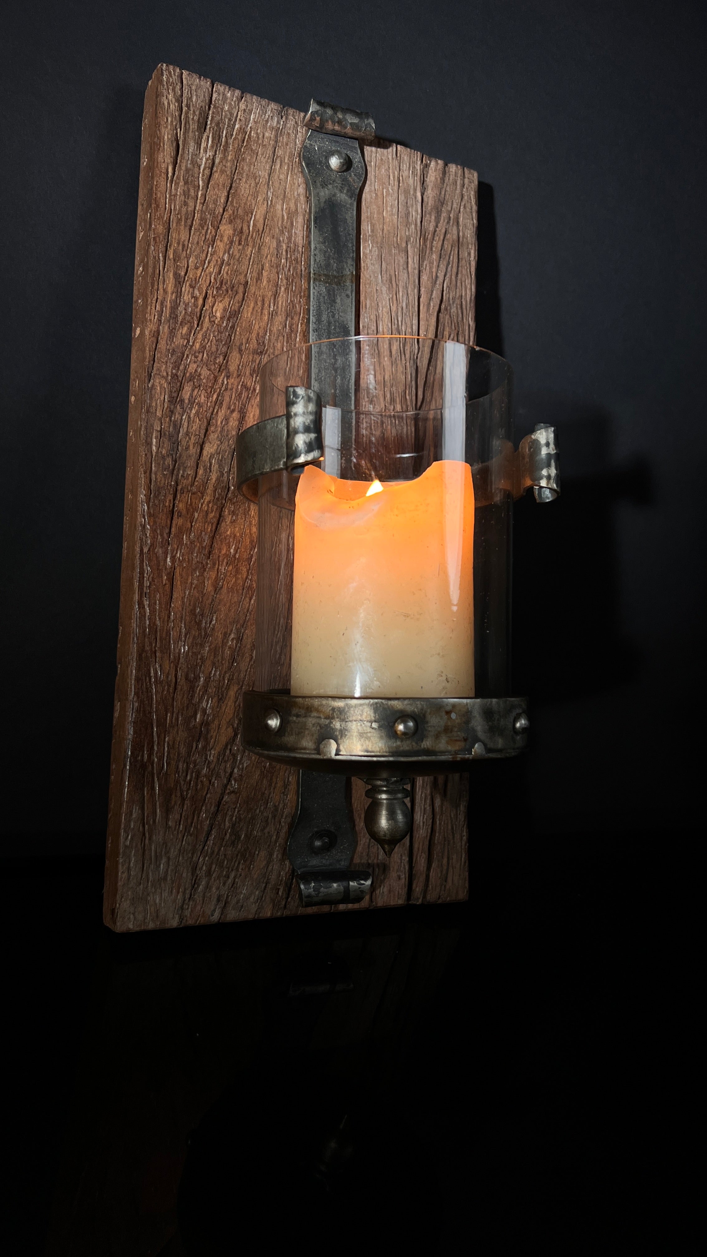 Rustic Wood, Metal, and Glass Candle Holder Wall Sconce