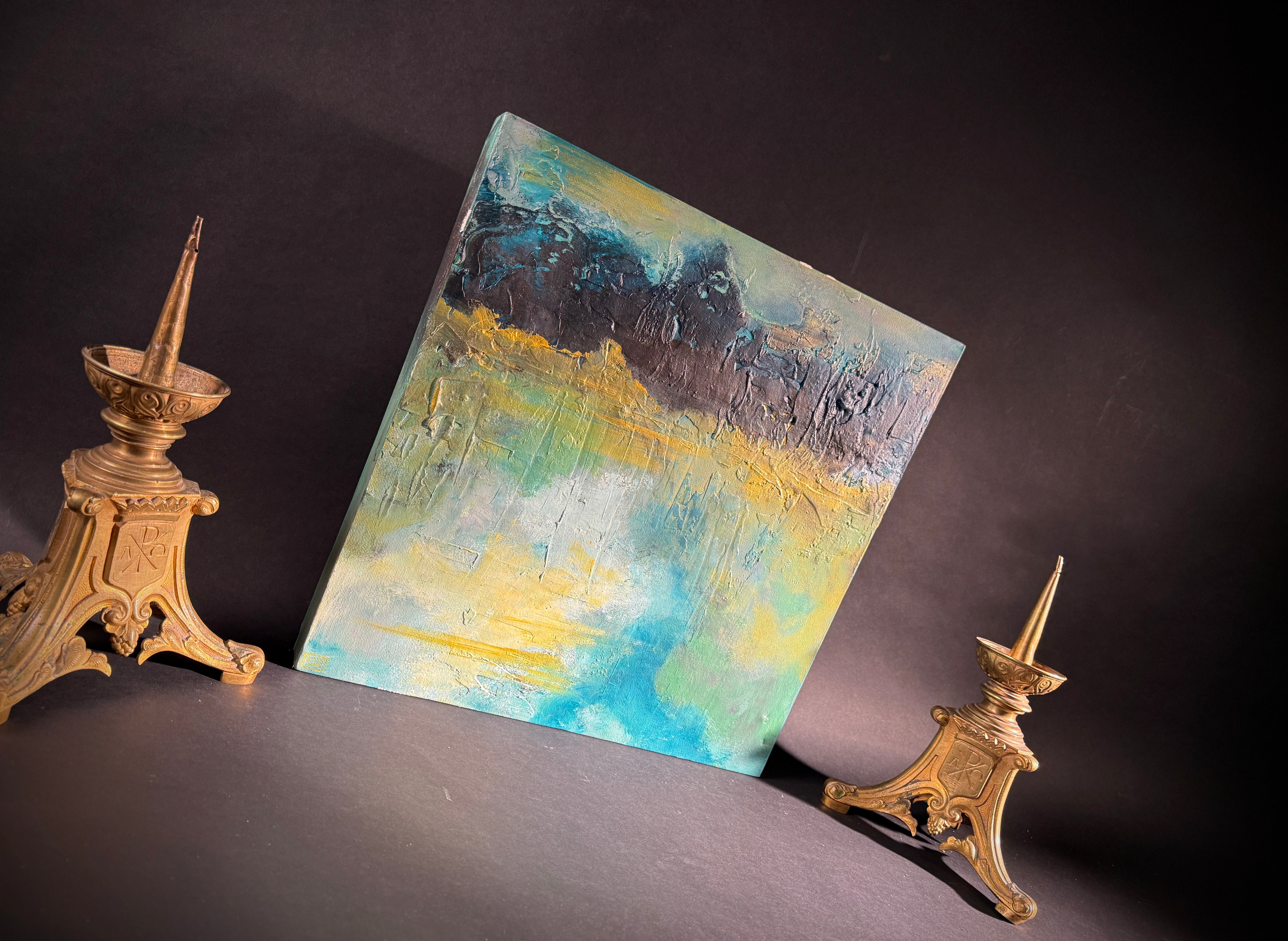 Set x2 Original Abstract Landscape Paintings – Moody Teal/Blue Textured Canvas Art, Stormy Horizons