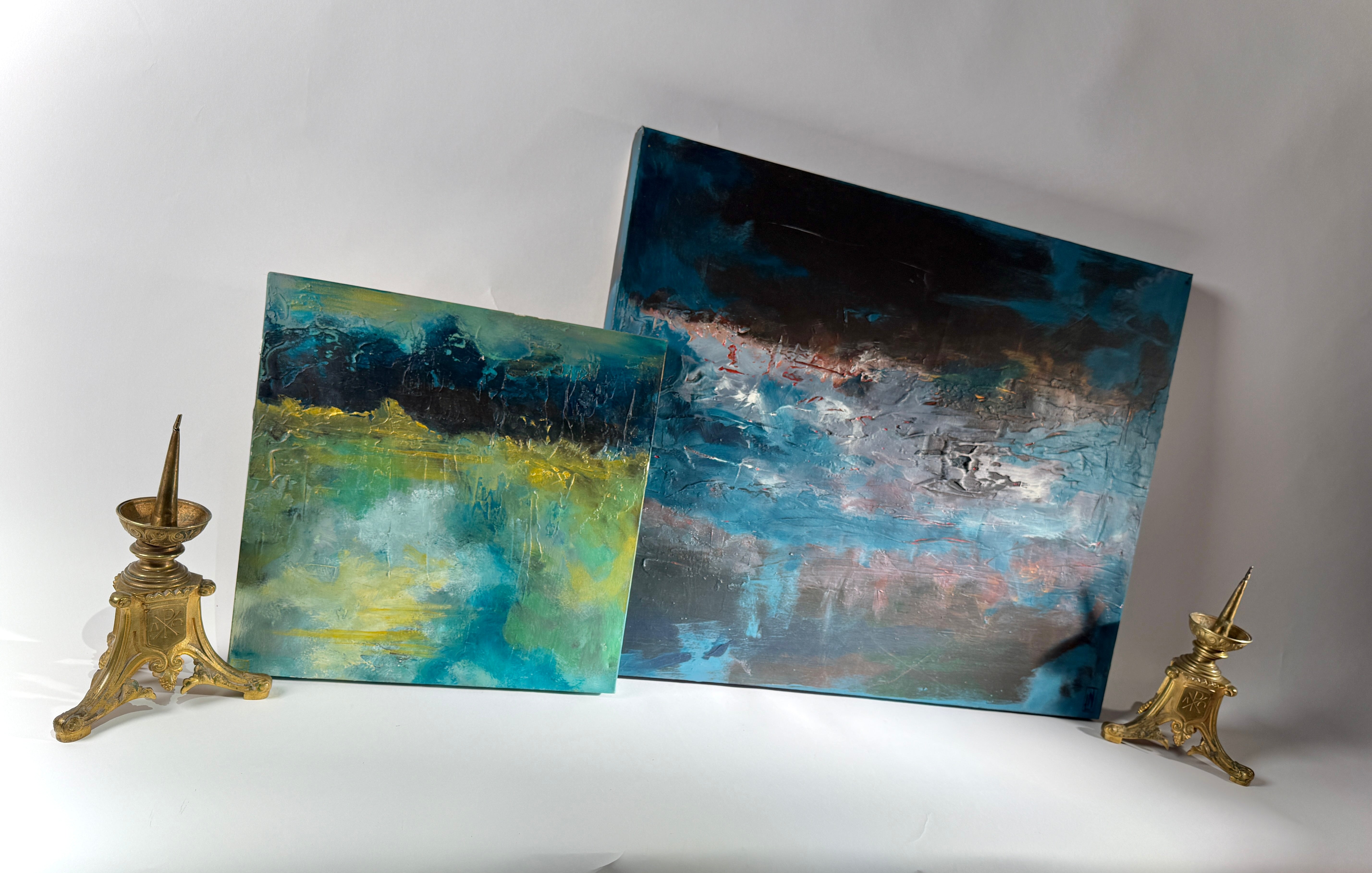 Set x2 Original Abstract Landscape Paintings – Moody Teal/Blue Textured Canvas Art, Stormy Horizons