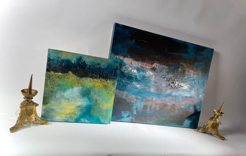Set x2 Original Abstract Landscape Paintings – Moody Teal/Blue Textured Canvas Art, Stormy Horizons