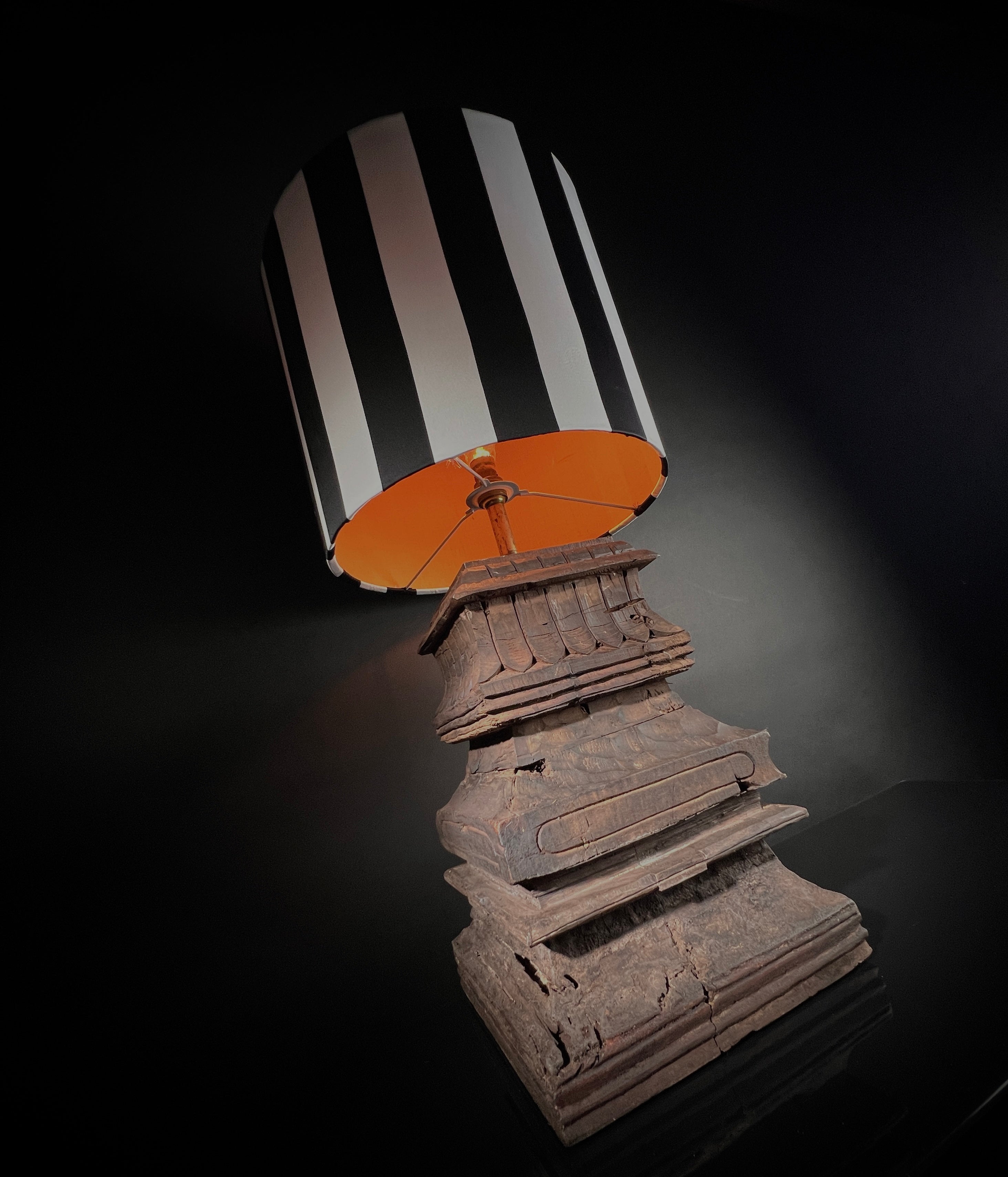 Large Antique Table Lamp - Carved Wood South Indian Temple Architecture