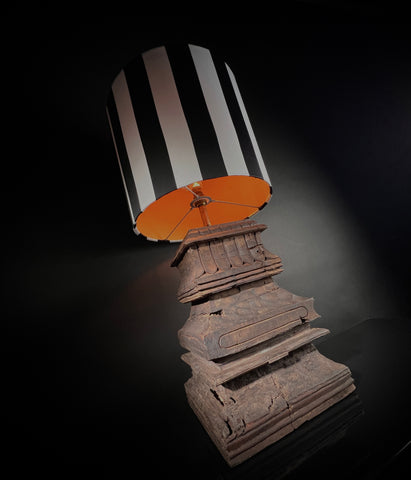 Large Antique Table Lamp - Carved Wood South Indian Temple Architecture