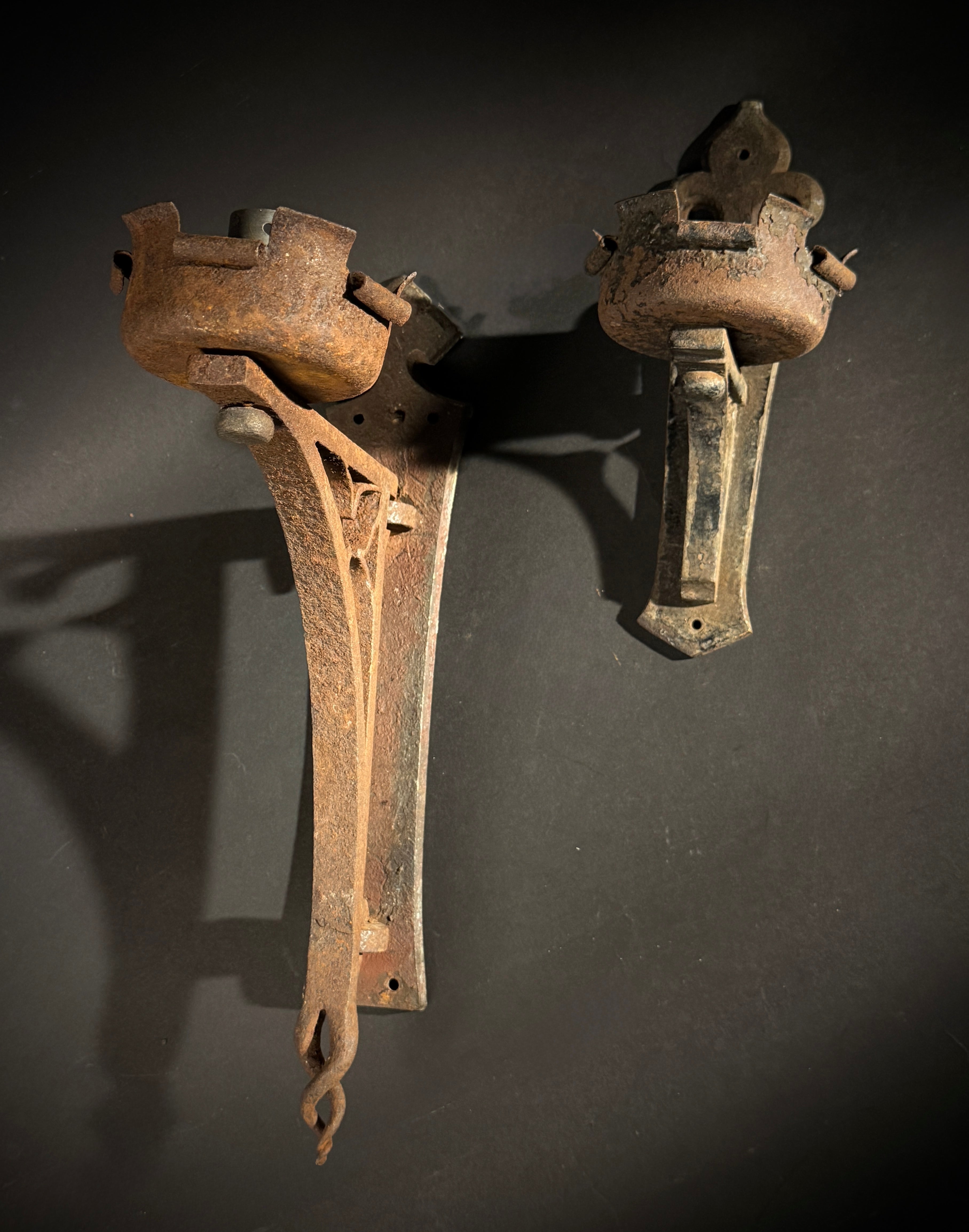 Two Antique Wrought Iron Gothic Wall Sconces – Medieval Wall Lights