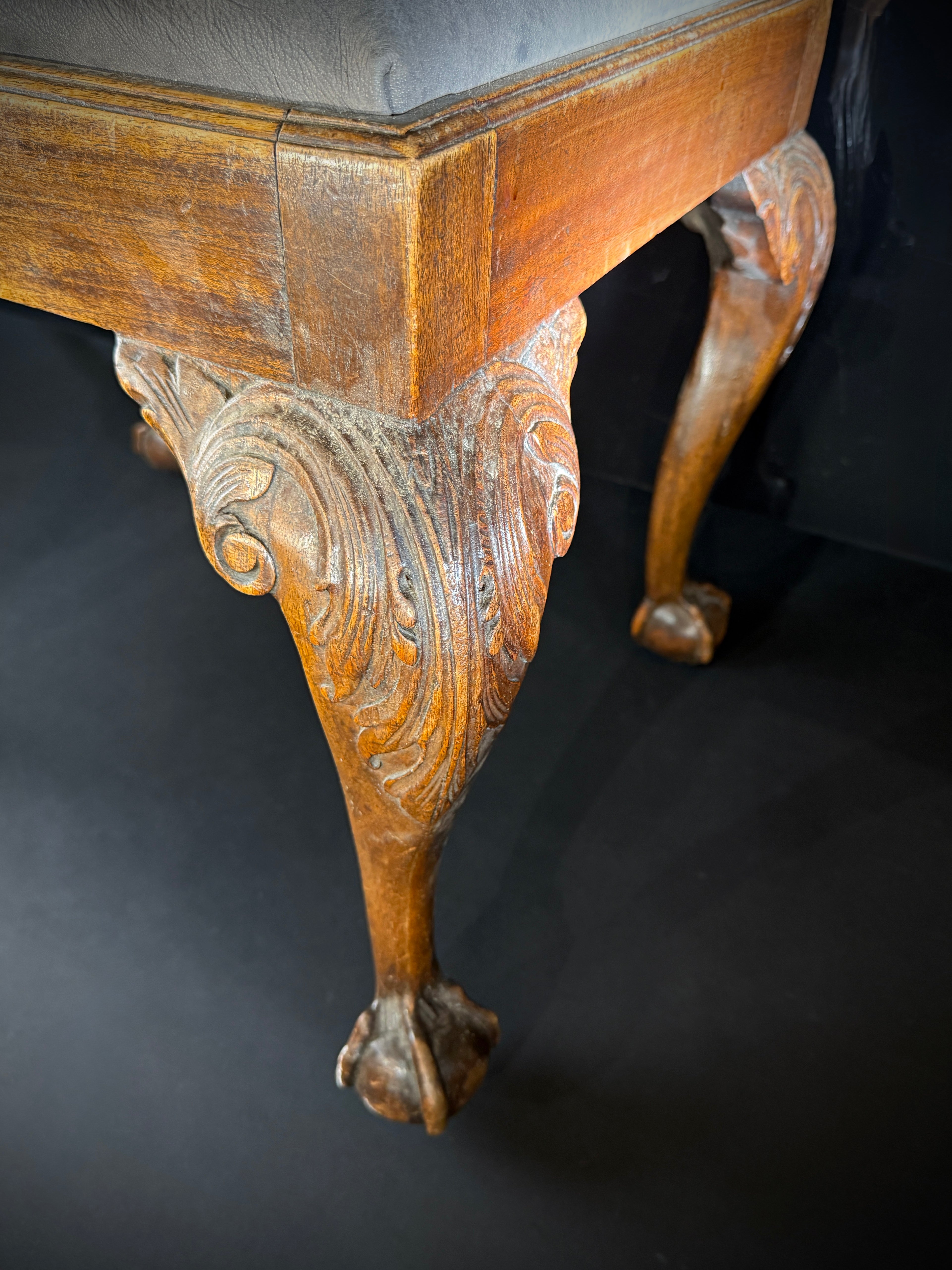 Elegant Antique Stool  |  Grey Leather Upholstery