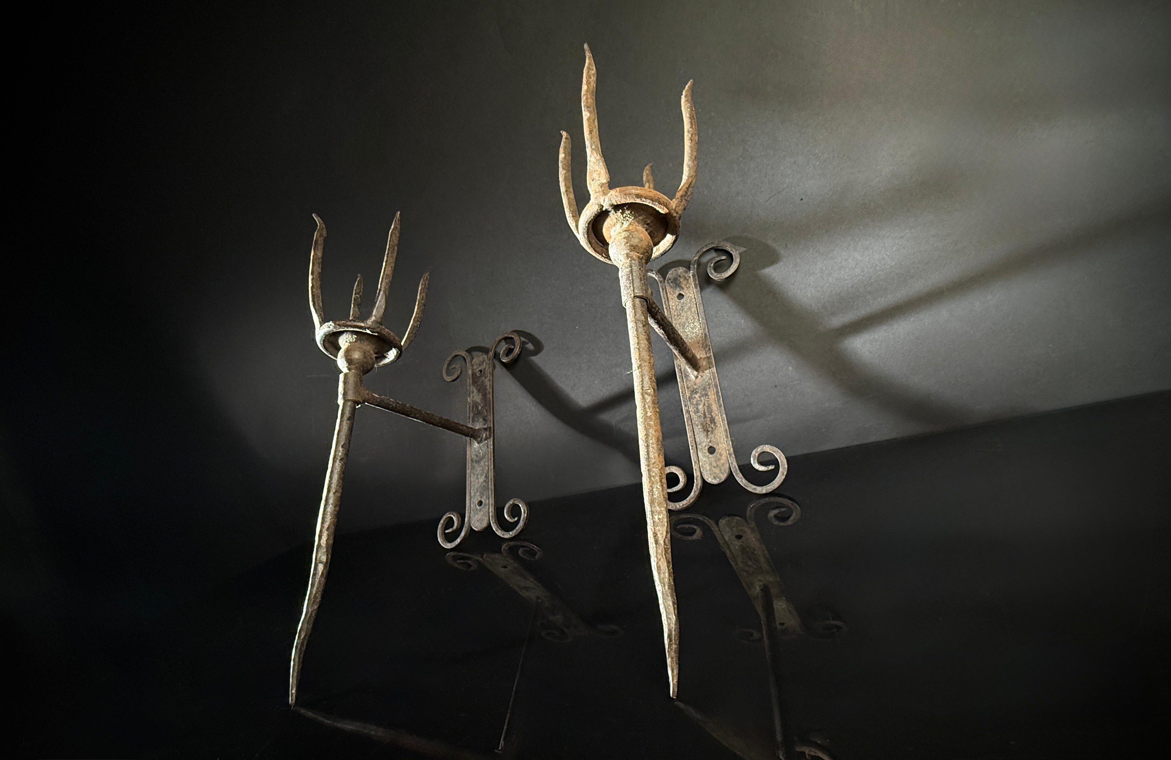 Unusual Pair of Wrought Iron Candle Torchere Sconces  |  Medieval Style  |  Hand-Forged