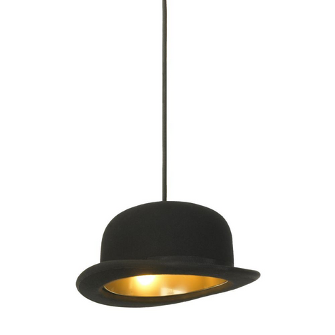 Jeeves & Wooster Bowler Hat Pendant Light – Handcrafted Wool Felt Hat Lamps with Gold Interior