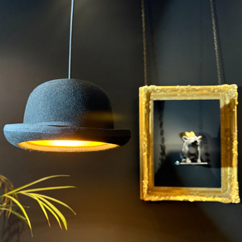 Jeeves & Wooster Bowler Hat Pendant Light – Handcrafted Wool Felt Hat Lamps with Gold Interior