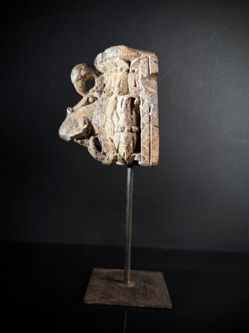 Antique Indian Wooden Fragment on Stand  |  Hand-Carved  |  Architectural Ornament