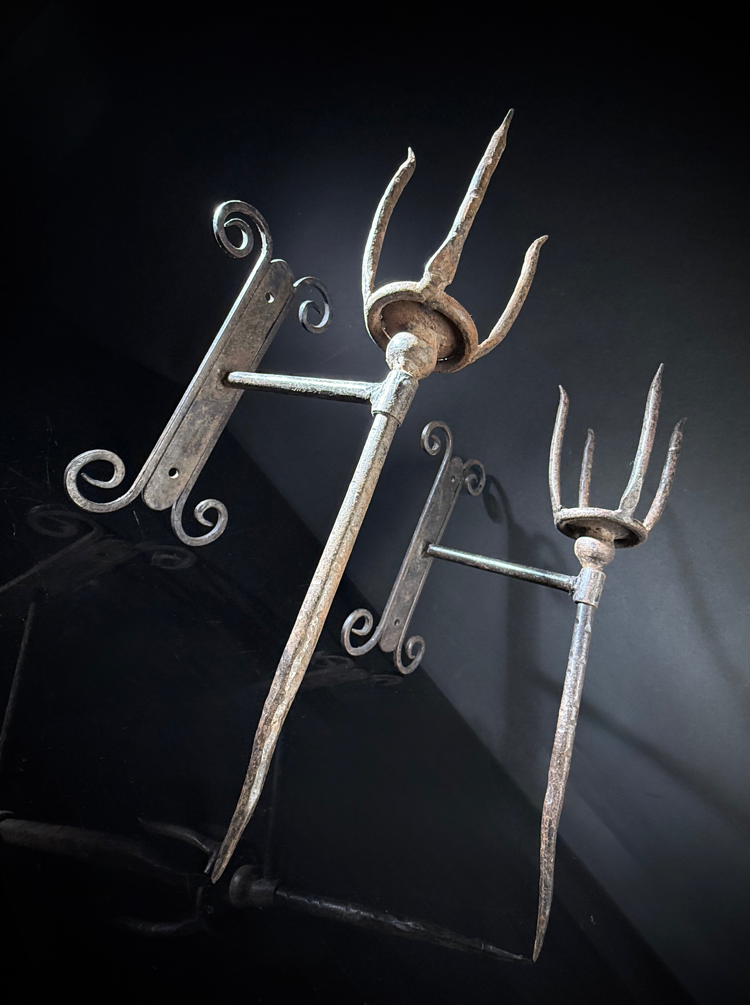 Unusual Pair of Wrought Iron Candle Torchere Sconces  |  Medieval Style  |  Hand-Forged