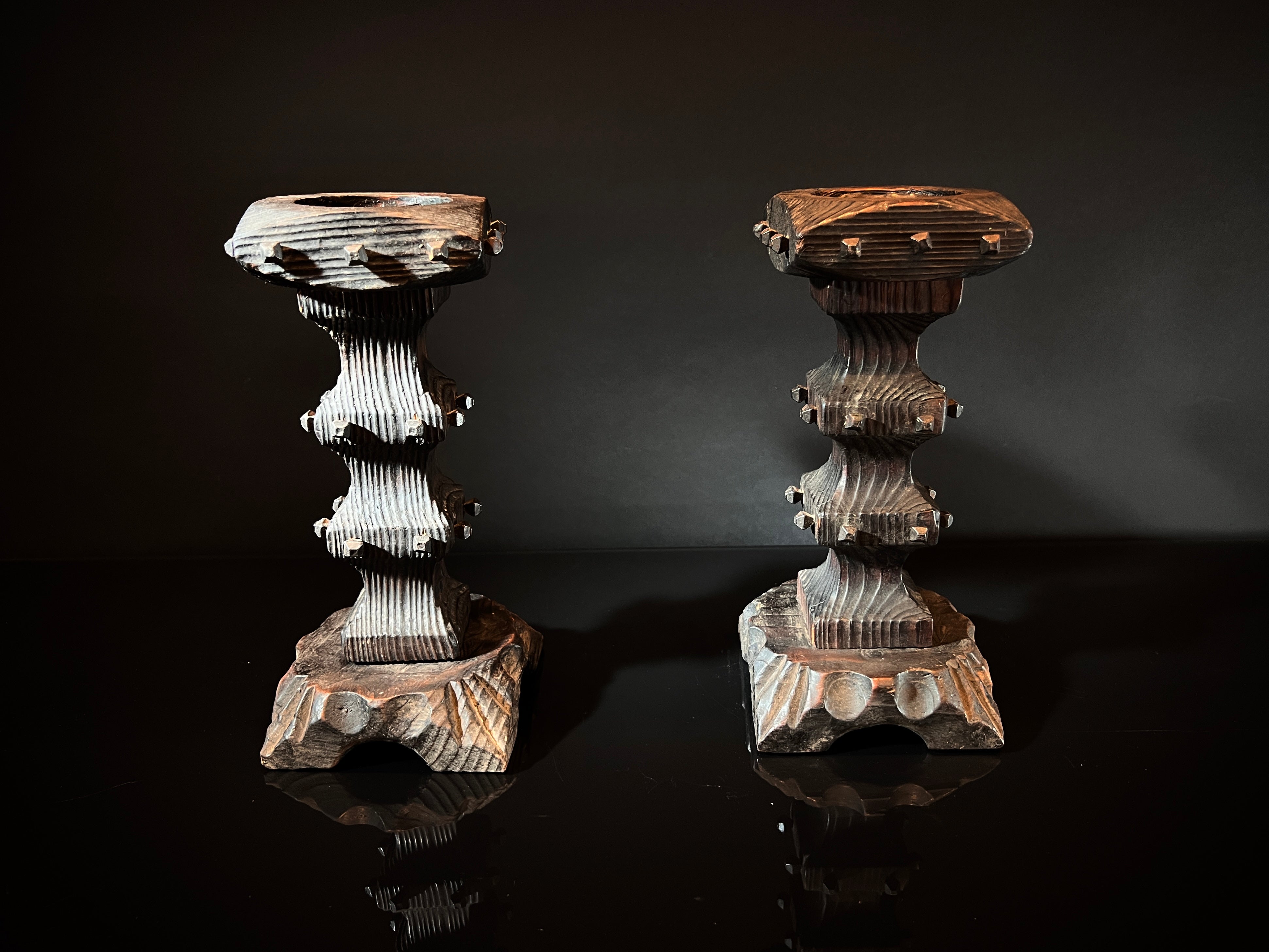 Pair Vintage Brutalist Candle Holders - Wood & Square Nail Candlesticks