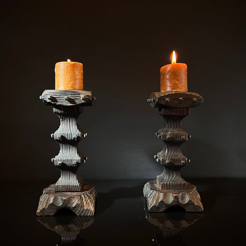 Pair Vintage Brutalist Candle Holders - Wood & Square Nail Candlesticks