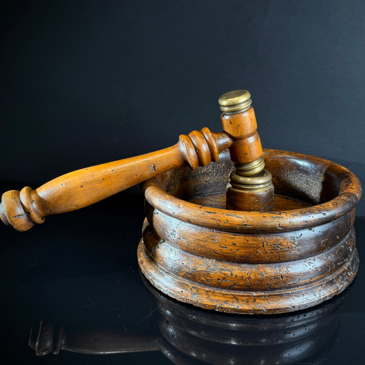 Antique Wooden Walnut Breaker with Ribbed Circular Holder & Brass-Mounted Gavel – Vintage  Nut Cracker - Gavel