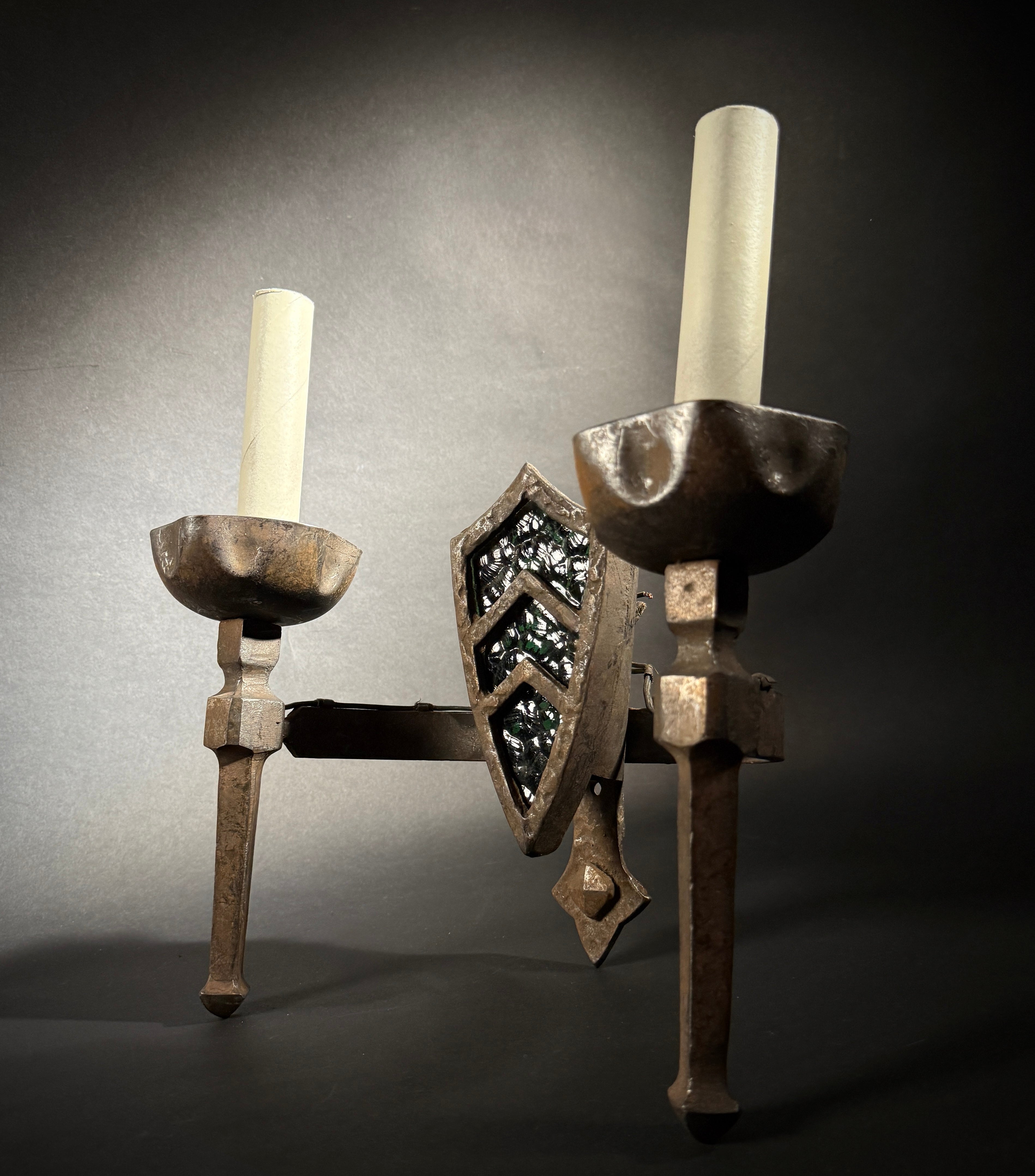 Pair Gothic Wrought Iron Wall Sconce – Medieval Shield 2-Light with Chevron Motif, 33x33cm