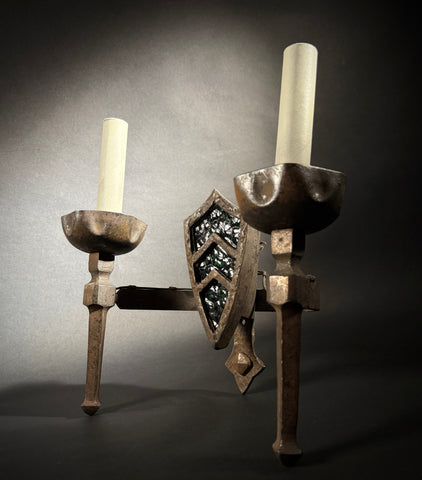 Pair Gothic Wrought Iron Wall Sconce – Medieval Shield 2-Light with Chevron Motif, 33x33cm