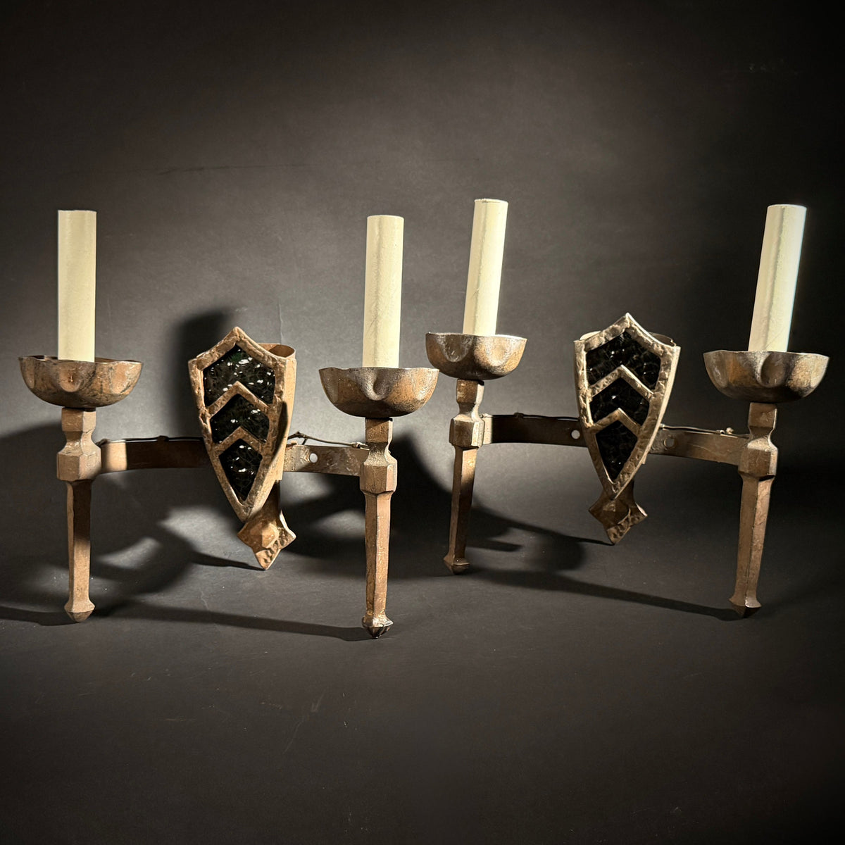 Pair Gothic Wrought Iron Wall Sconce – Medieval Shield 2-Light with Chevron Motif, 33x33cm