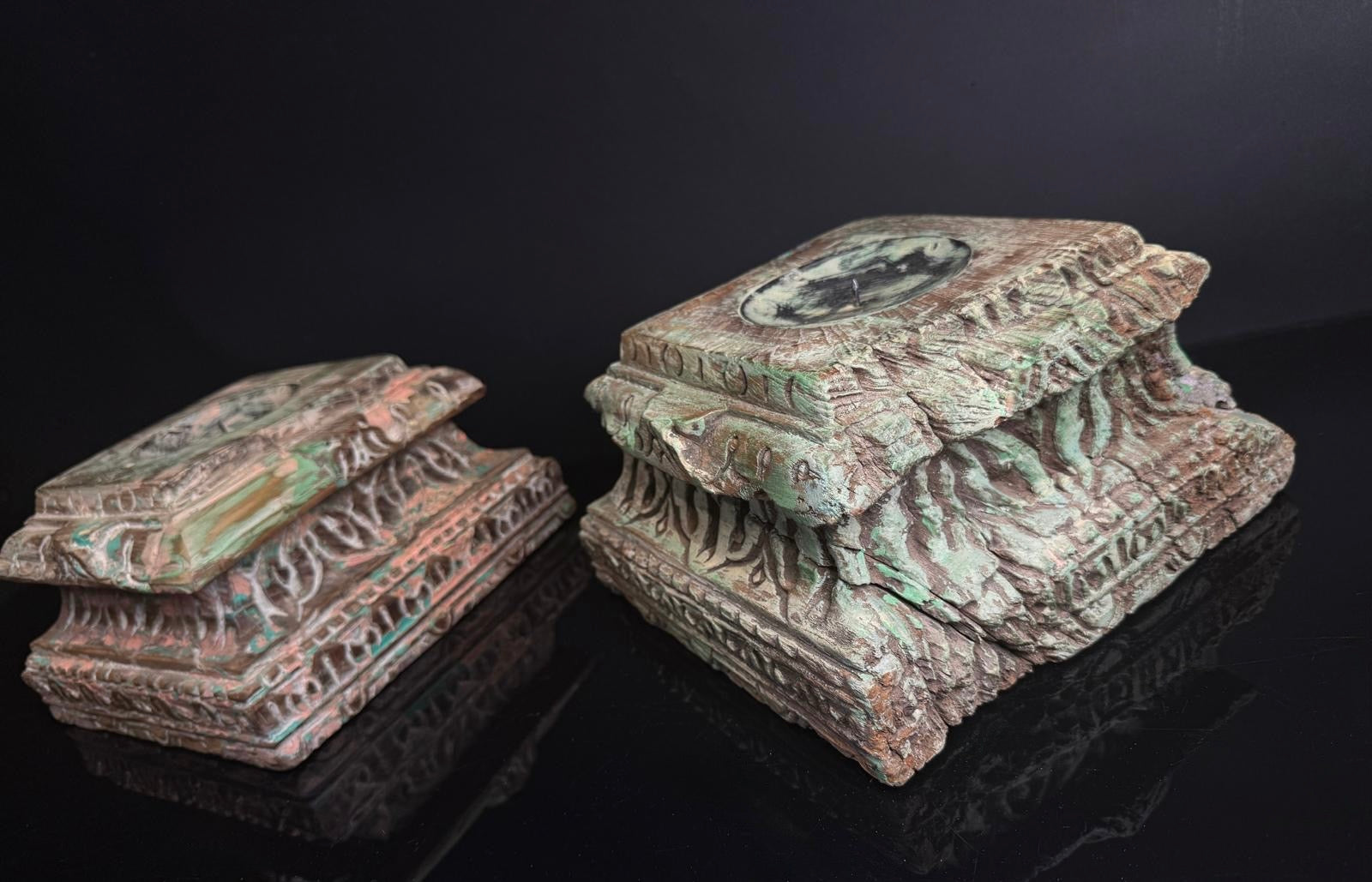 Antique Hand-Carved Indian Pillar Candle Holders | 19th Century Architectural Decor