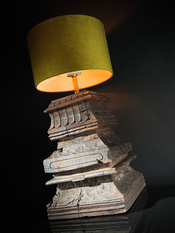 Large Antique Table Lamp - Carved Wood South Indian Temple Architecture