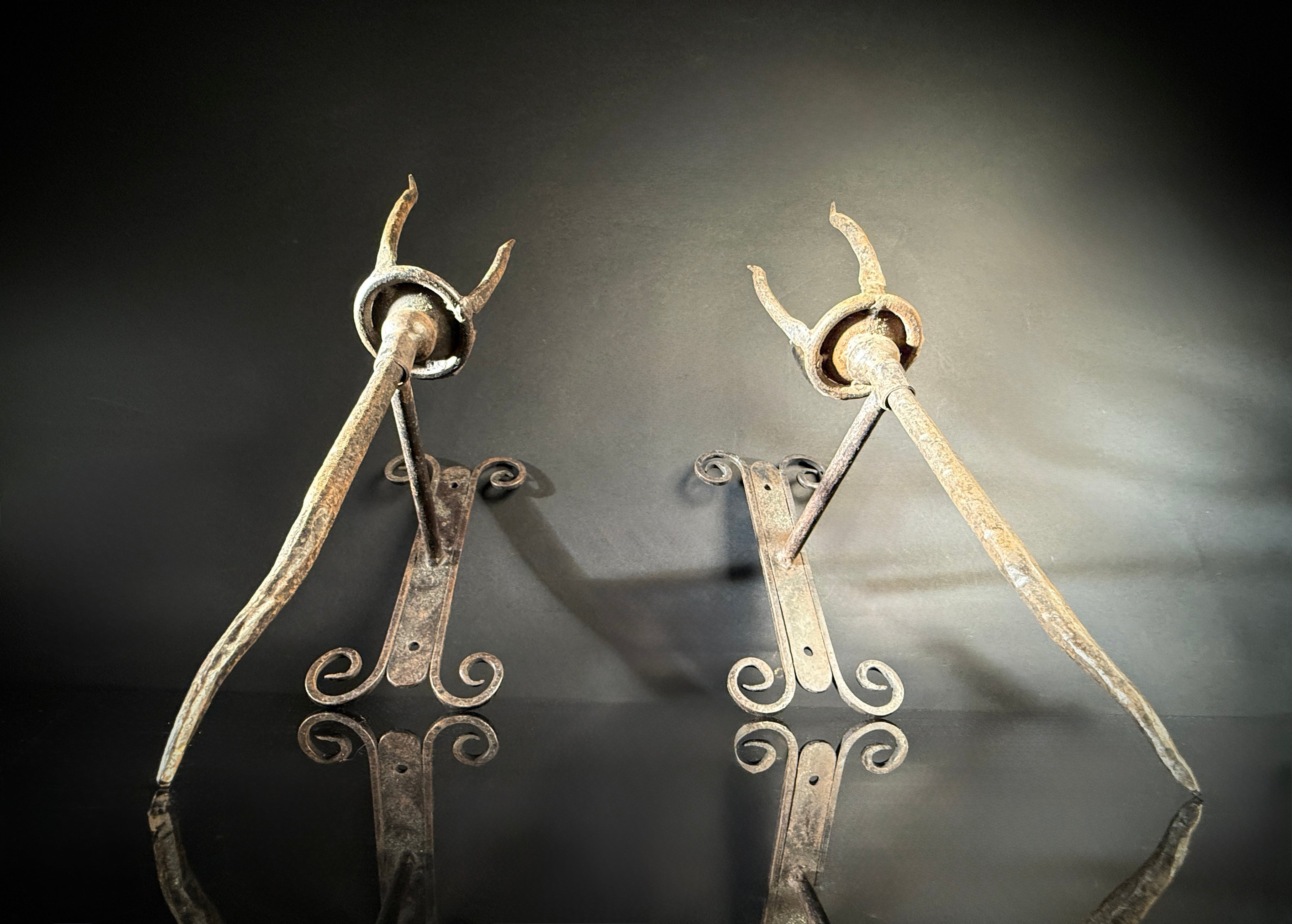 Unusual Pair of Wrought Iron Candle Torchere Sconces  |  Medieval Style  |  Hand-Forged